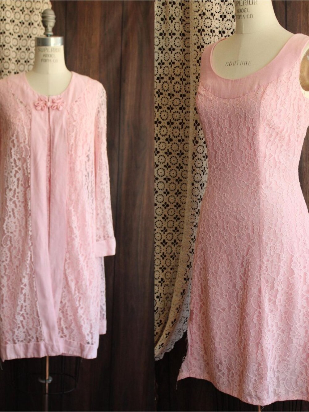 Vintage 1960s Vintage Dress and Jacket, Lilli Diamond Pink Lace Designer Frock